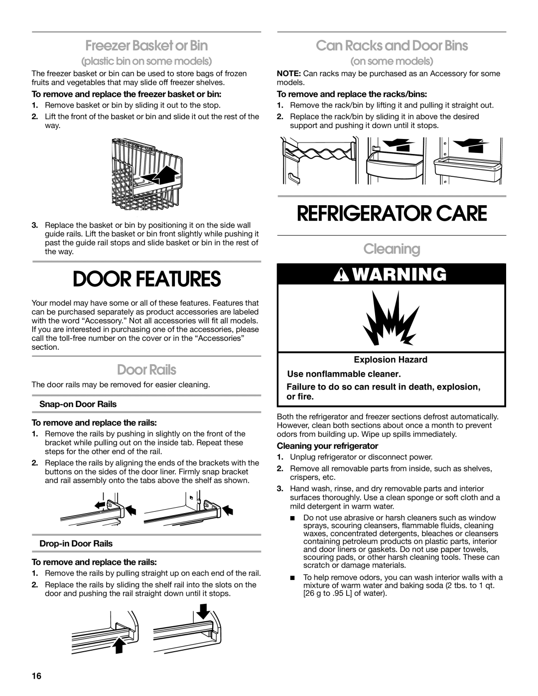 Whirlpool TS25AFXKQ00 manual Refrigerator Care, Door Features, Freezer Basket or Bin, Can Racks and Door Bins, Cleaning 