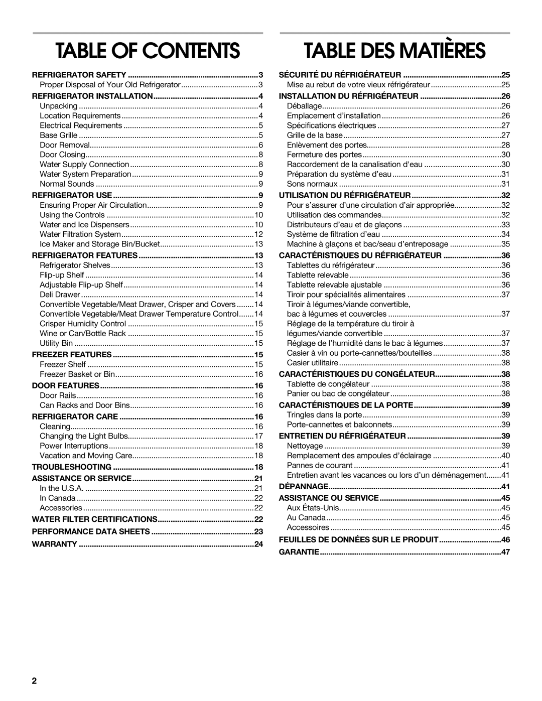 Whirlpool TS25AFXKQ00 manual Table Des Matières, Table Of Contents 