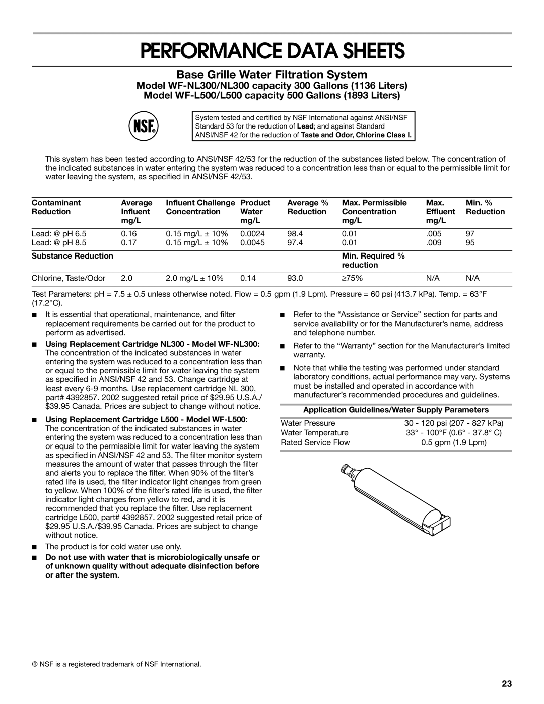 Whirlpool TS25AFXKQ00 manual Performance Data Sheets, Base Grille Water Filtration System 