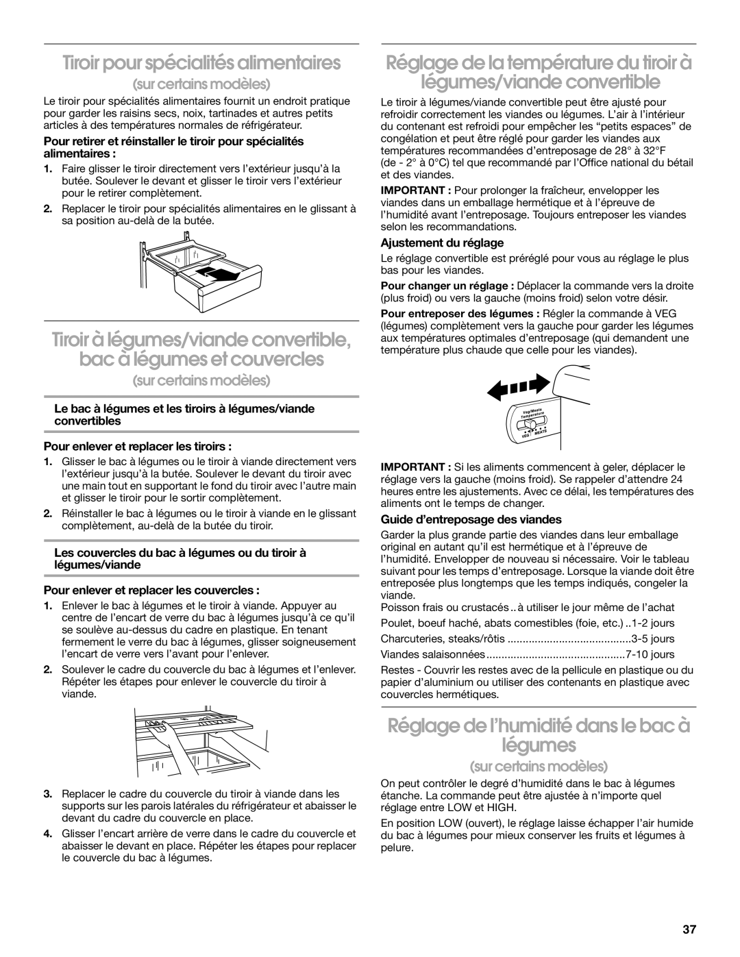 Whirlpool TS25AFXKQ00 manual Tiroir pour spécialités alimentaires, Réglage de l’humidité dans le bac à légumes 