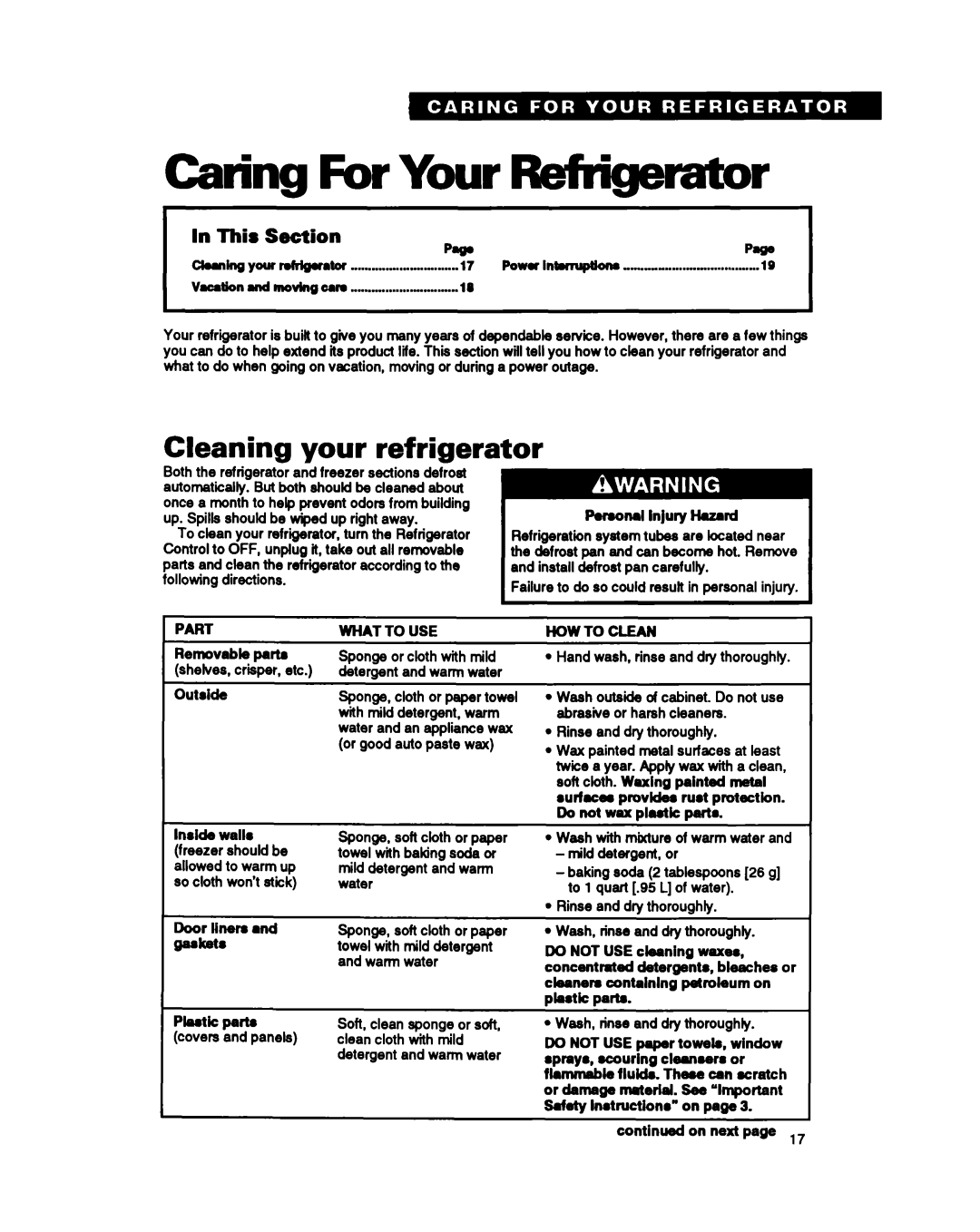 Whirlpool TS25AW manual Caring For Your Rehigemtor, Cleaning your refrigerator, This Section Mine 