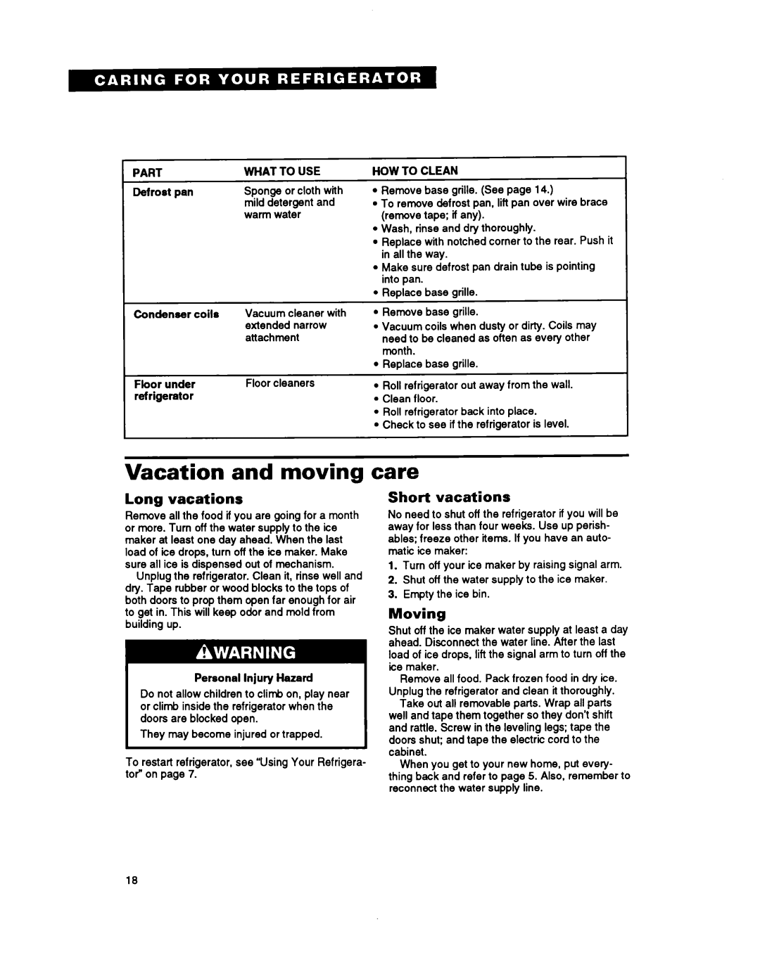 Whirlpool TS25AW manual Vacation and moving, Care, Long vacations, Short vacations, Moving 