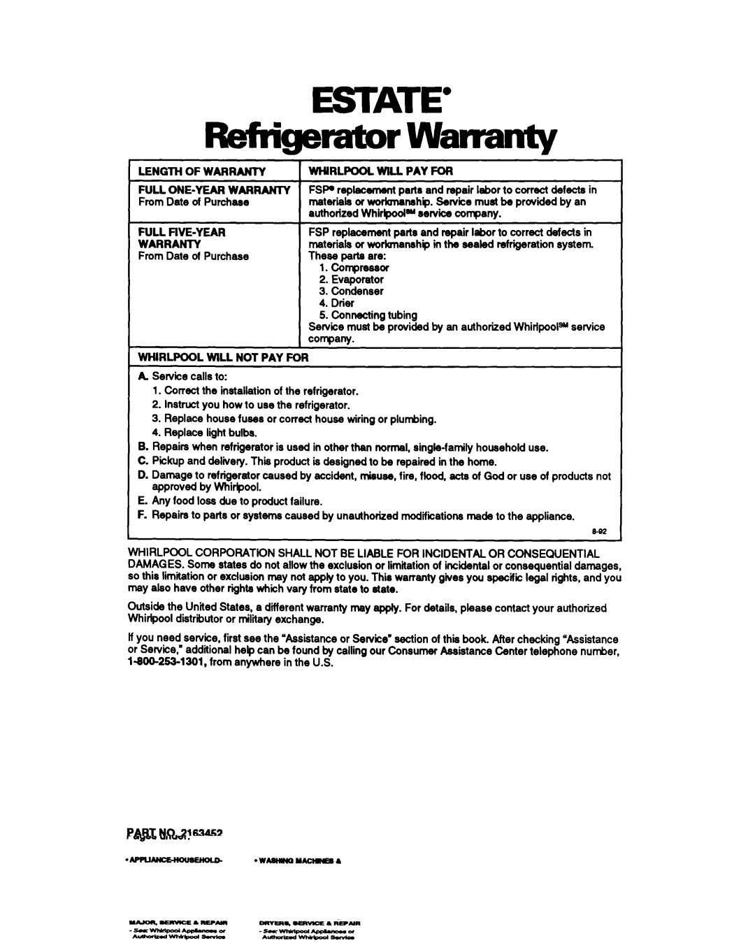 Whirlpool TS25AW manual Rdiigemtor Warranty, Length of Warranty, Full FIVE-YEAR Warranty, Whirlpool will PAY for 