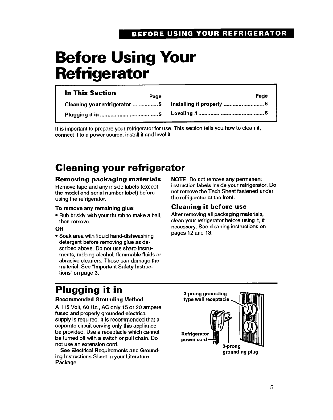 Whirlpool TT14HD, TT14DK Before Using Your Refrigerator, Cleaning your refrigerator, Plugging it 