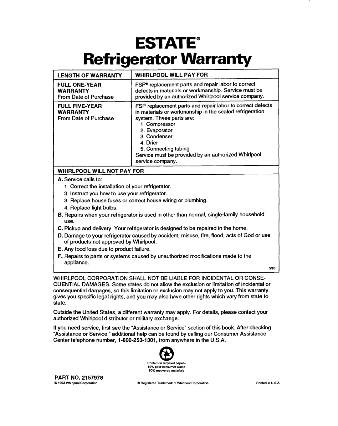 Whirlpool TT14DK, TT14HD important safety instructions Warranty, Estate”, Refrigerator 