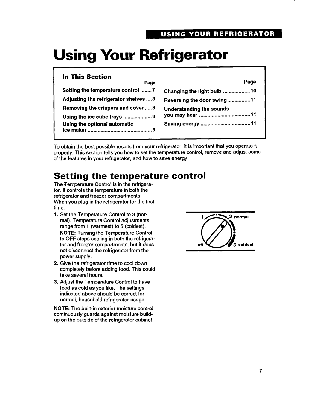 Whirlpool TT14HD, TT14DK Using Your Refrigerator, Setting the temperature control, In This Section, Page 