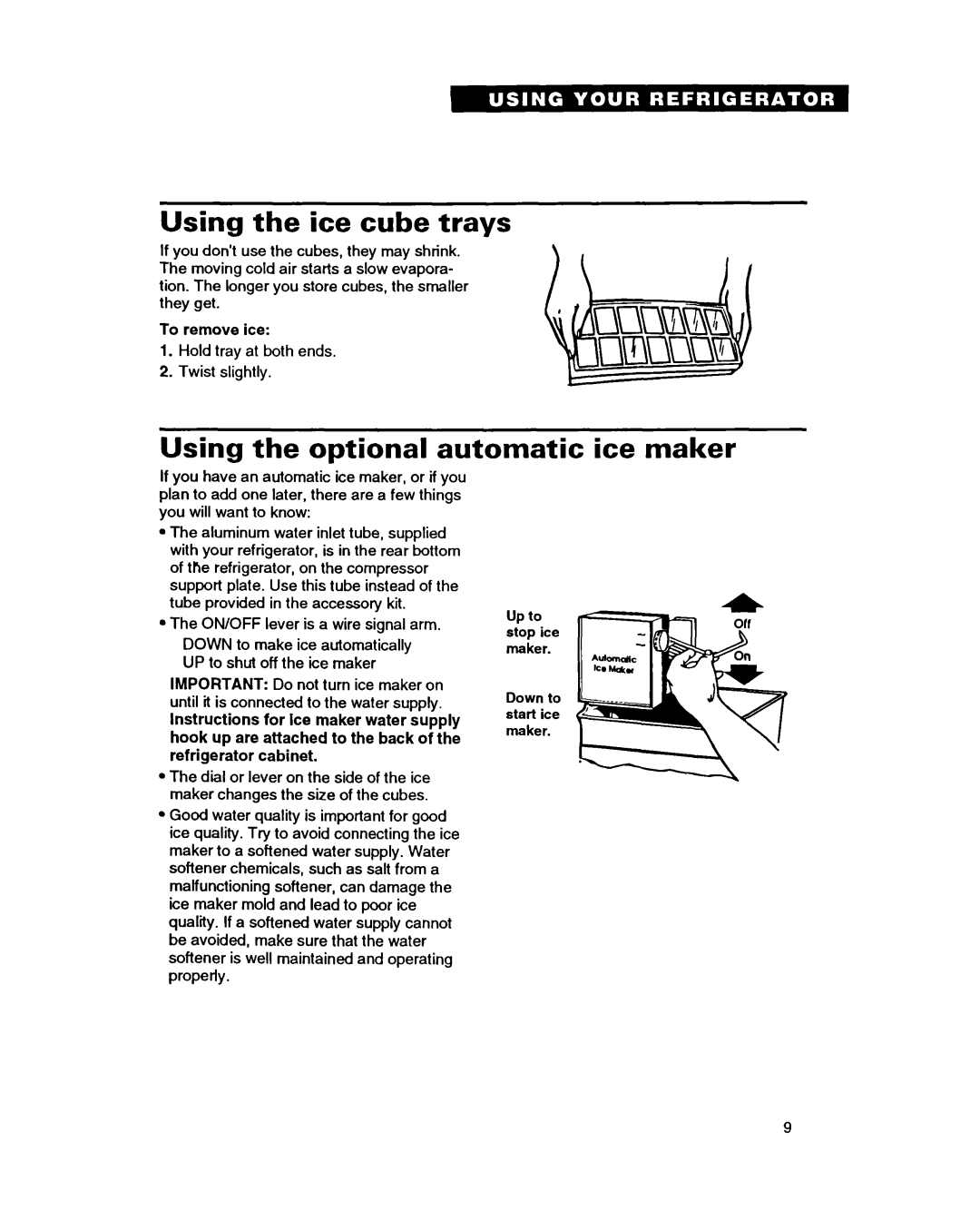 Whirlpool TT14HD, TT14DK important safety instructions Using the ice cube trays, Using the optional automatic ice maker 