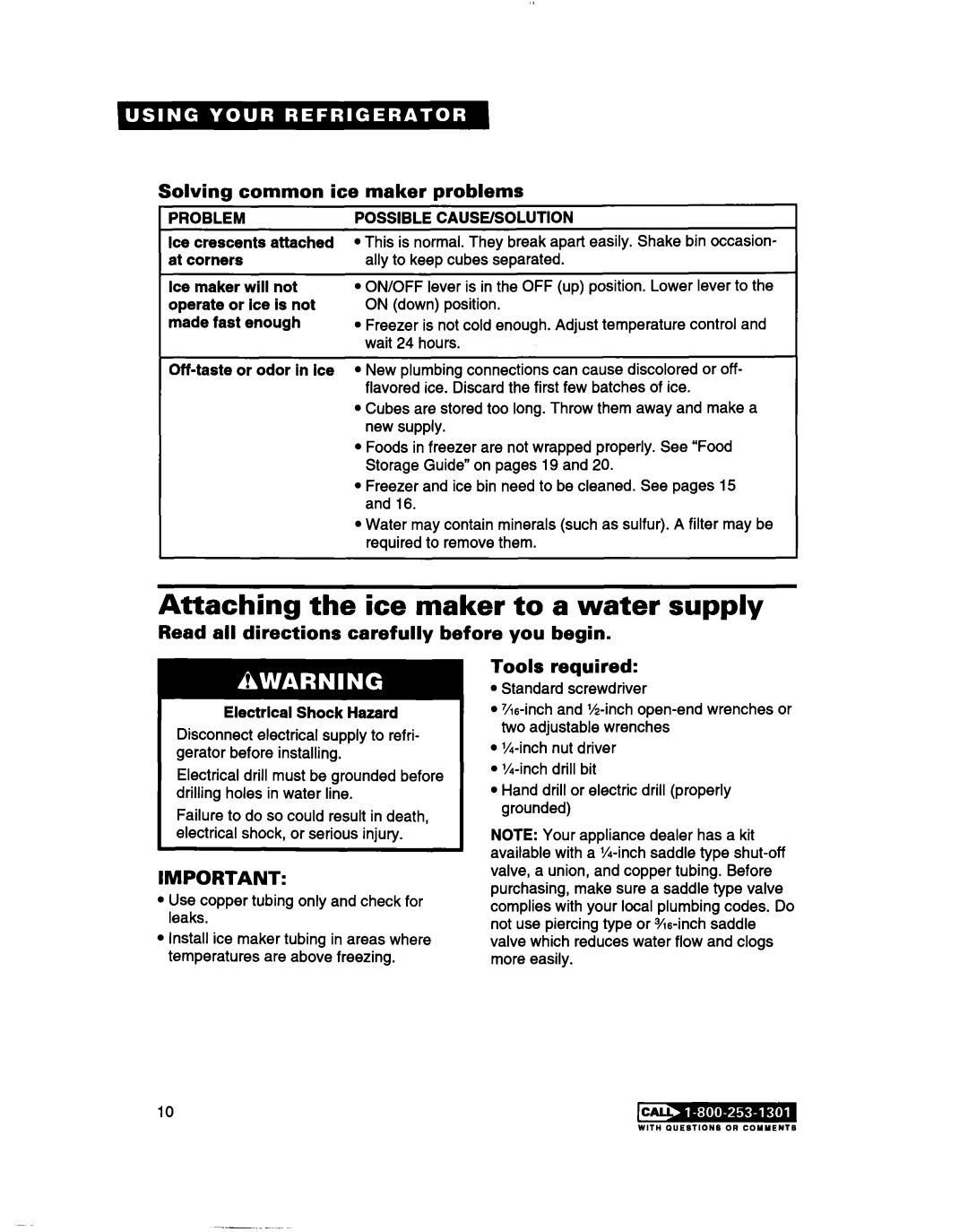 Whirlpool TT14DKXBN11 warranty Attaching the ice maker to a water supply, Solving common ice maker problems, Problem 