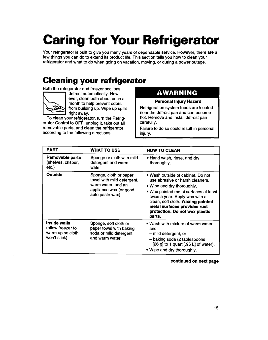 Whirlpool TT14DKXBN11 warranty Caring for Your Refrigerator, Part, What to USE, HOW to Clean 