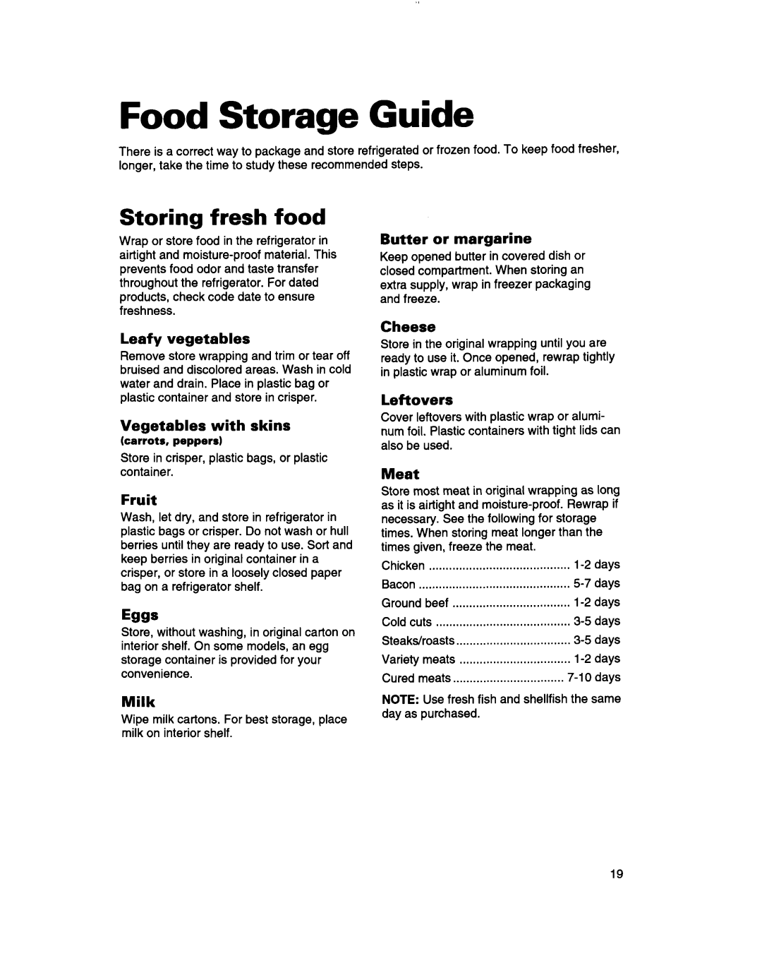 Whirlpool TT14DKXBN11 warranty Food Storage Guide, Storing fresh food 