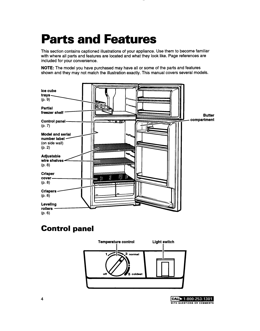 Whirlpool TT14DKXBN11 warranty Parts and Features, Control panel, On side wall P.2 