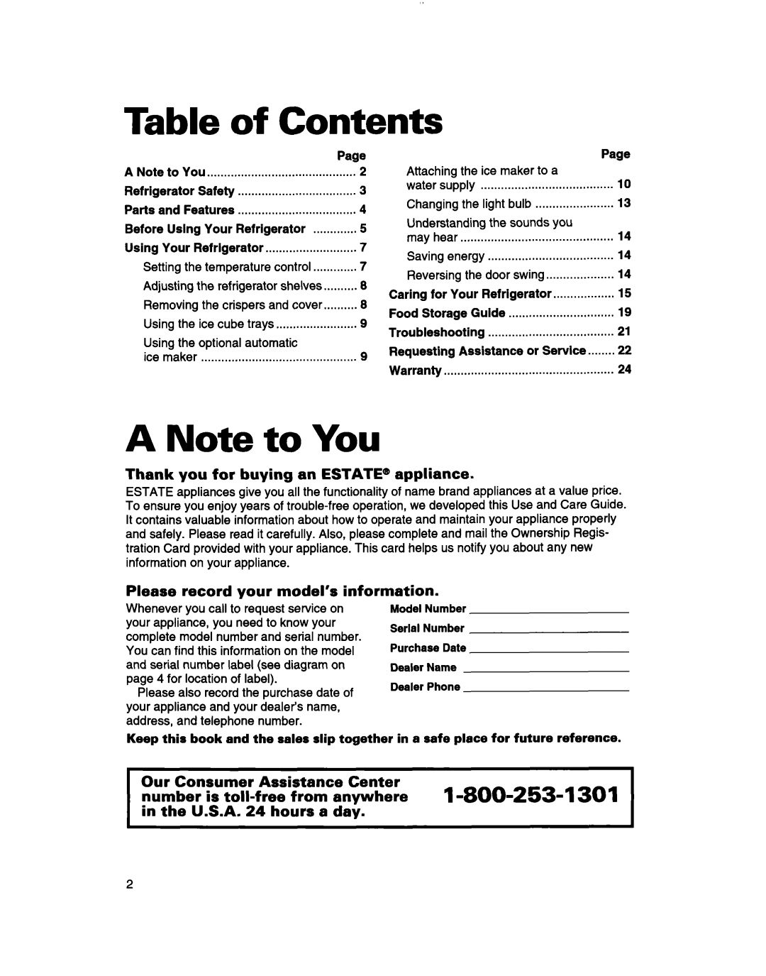 Whirlpool TT14DKXBN11 warranty Table of Contents, A Note to You 