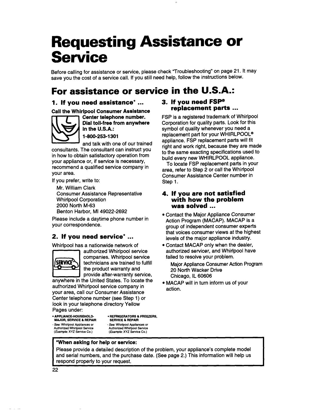 Whirlpool TT14DKXBN11 warranty Service, For assistance or service in the U.S.A 