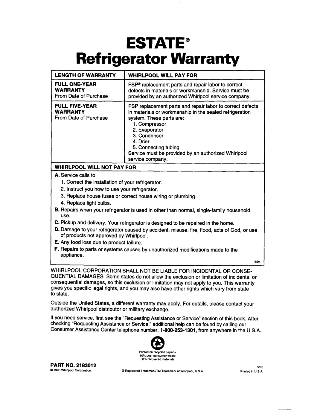 Whirlpool TT14DKXBN11 warranty Estate”, Refrigerator, Warranty 