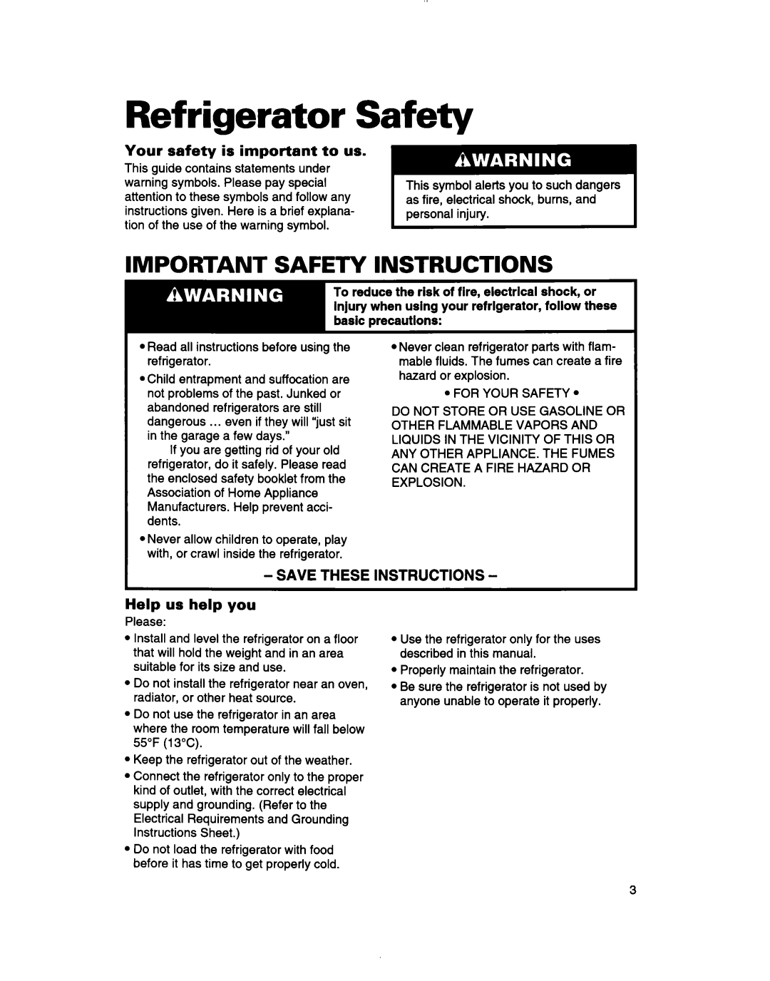 Whirlpool TT14DKXBN11 warranty Refrigerator Safety, Important Safety Instructions 
