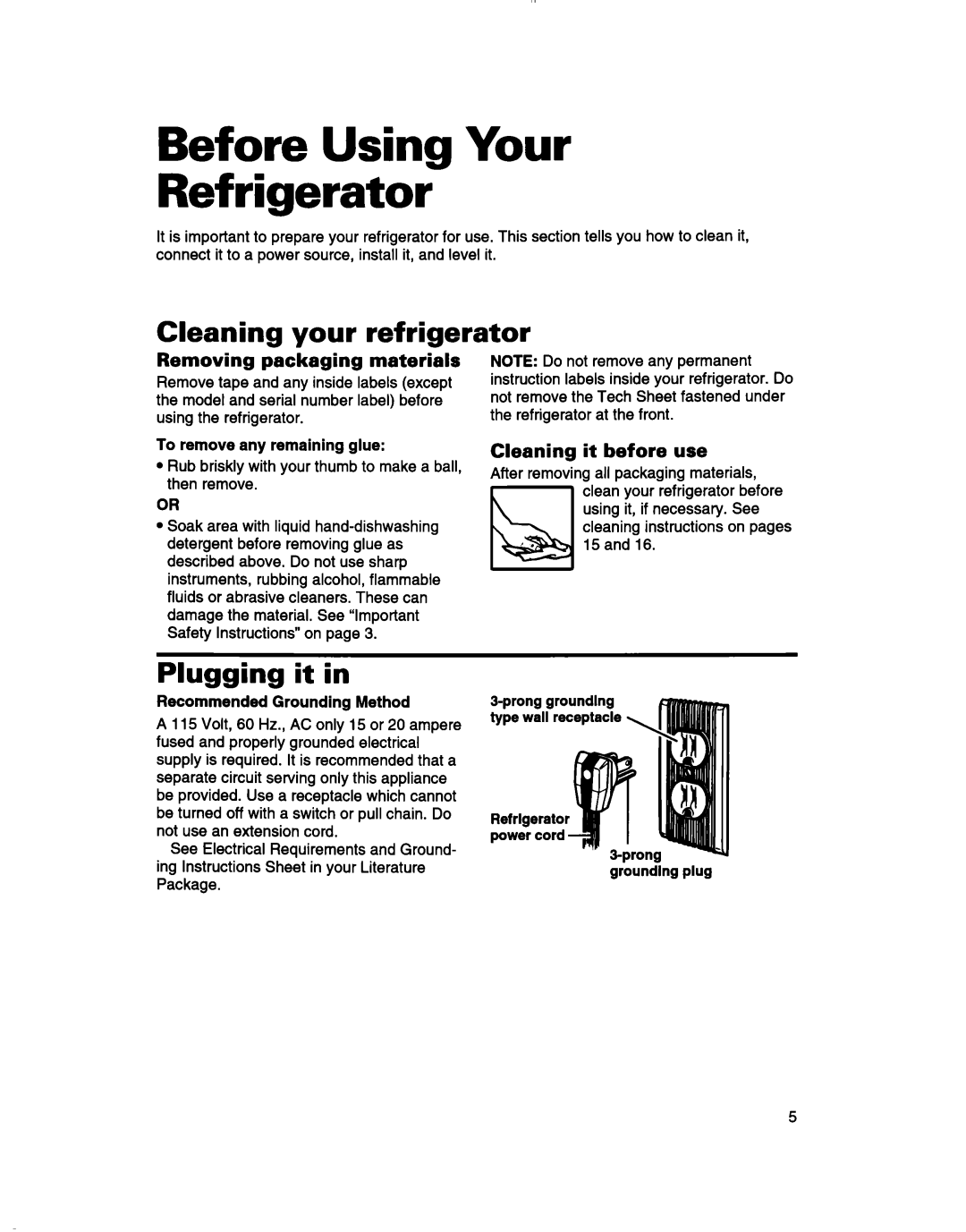 Whirlpool TT14DKXBN11 warranty Before Using Your Refrigerator, Cleaning your refrigerator, Plugging it in 