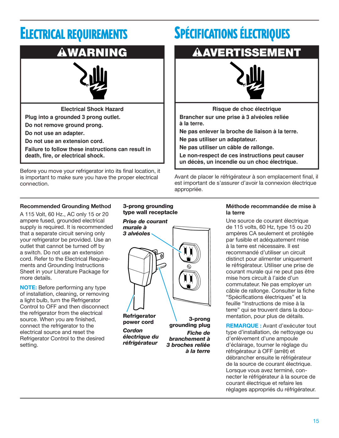 Whirlpool TT14DKXEW11 manual Recommended Grounding Method, Prong grounding type wall receptacle 