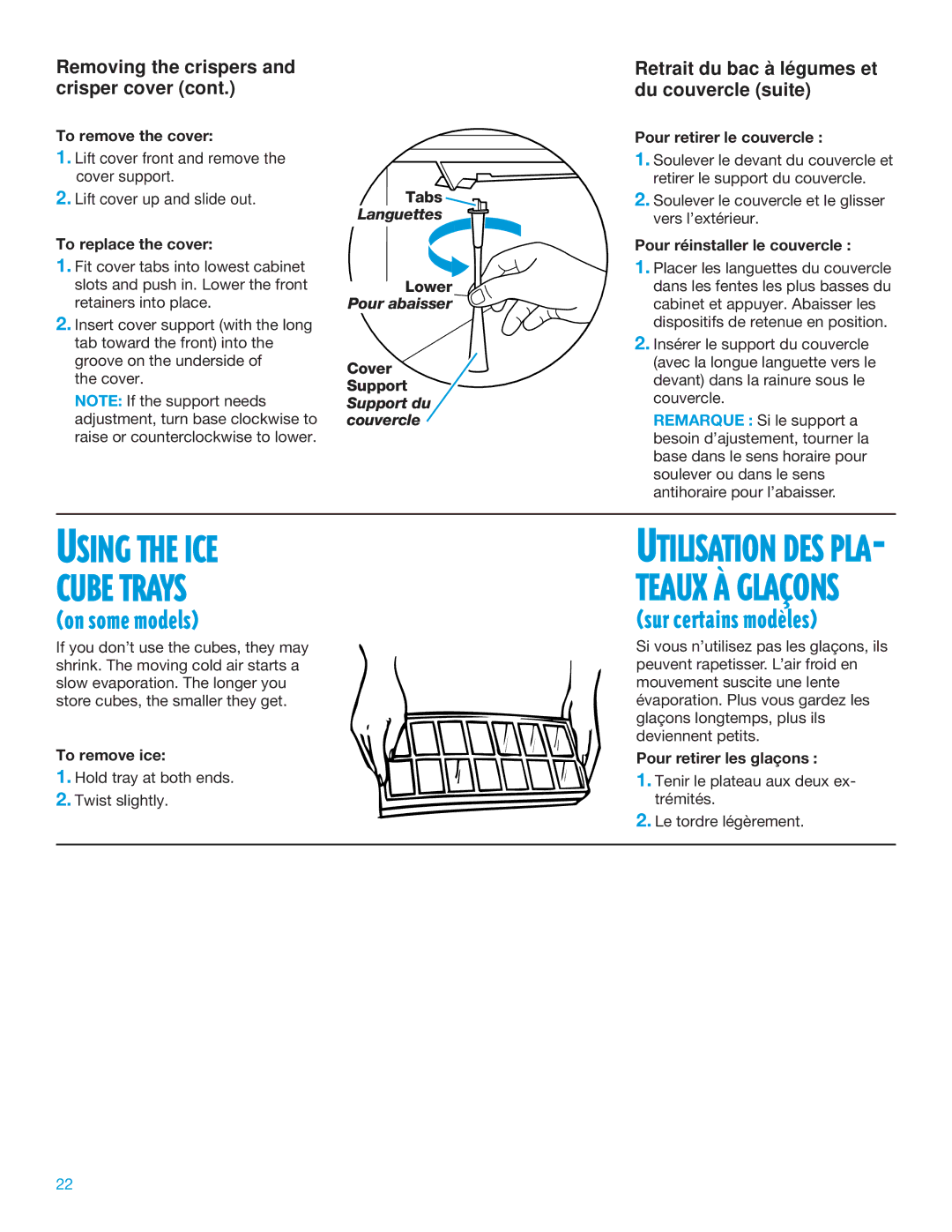 Whirlpool TT14DKXEW11 manual Using the ICE Cube Trays, Removing the crispers and crisper cover 