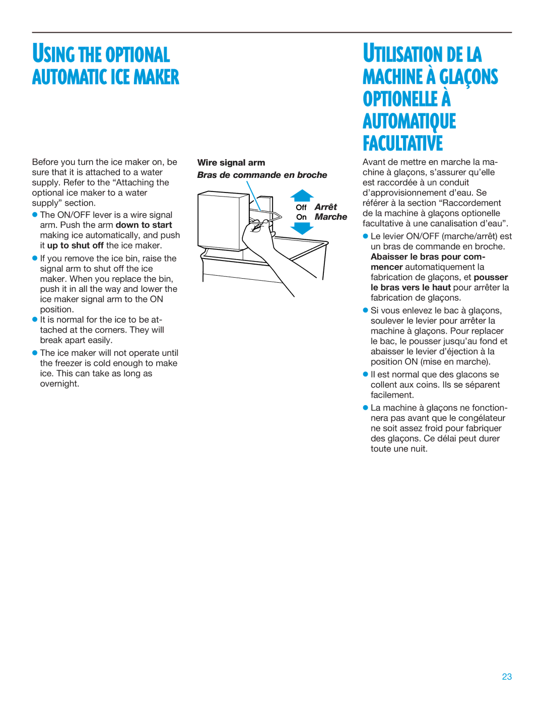 Whirlpool TT14DKXEW11 manual Using the Optional Automatic ICE Maker, Wire signal arm 