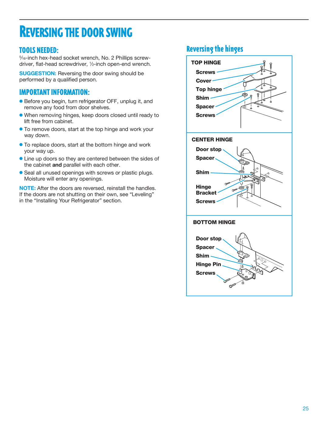 Whirlpool TT14DKXEW11 Reversing the hinges, Screws Cover Top hinge Shim Spacer, Door stop Spacer Shim Hinge Bracket Screws 