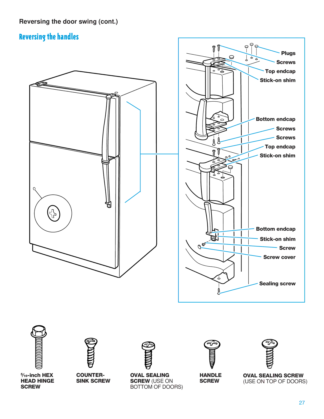 Whirlpool TT14DKXEW11 manual Reversing the handles, Reversing the door swing 