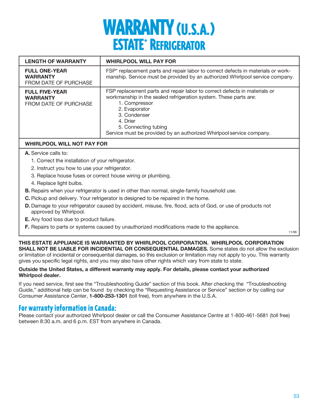 Whirlpool TT14DKXEW11 manual Warranty U.S.A, For warranty information in Canada 