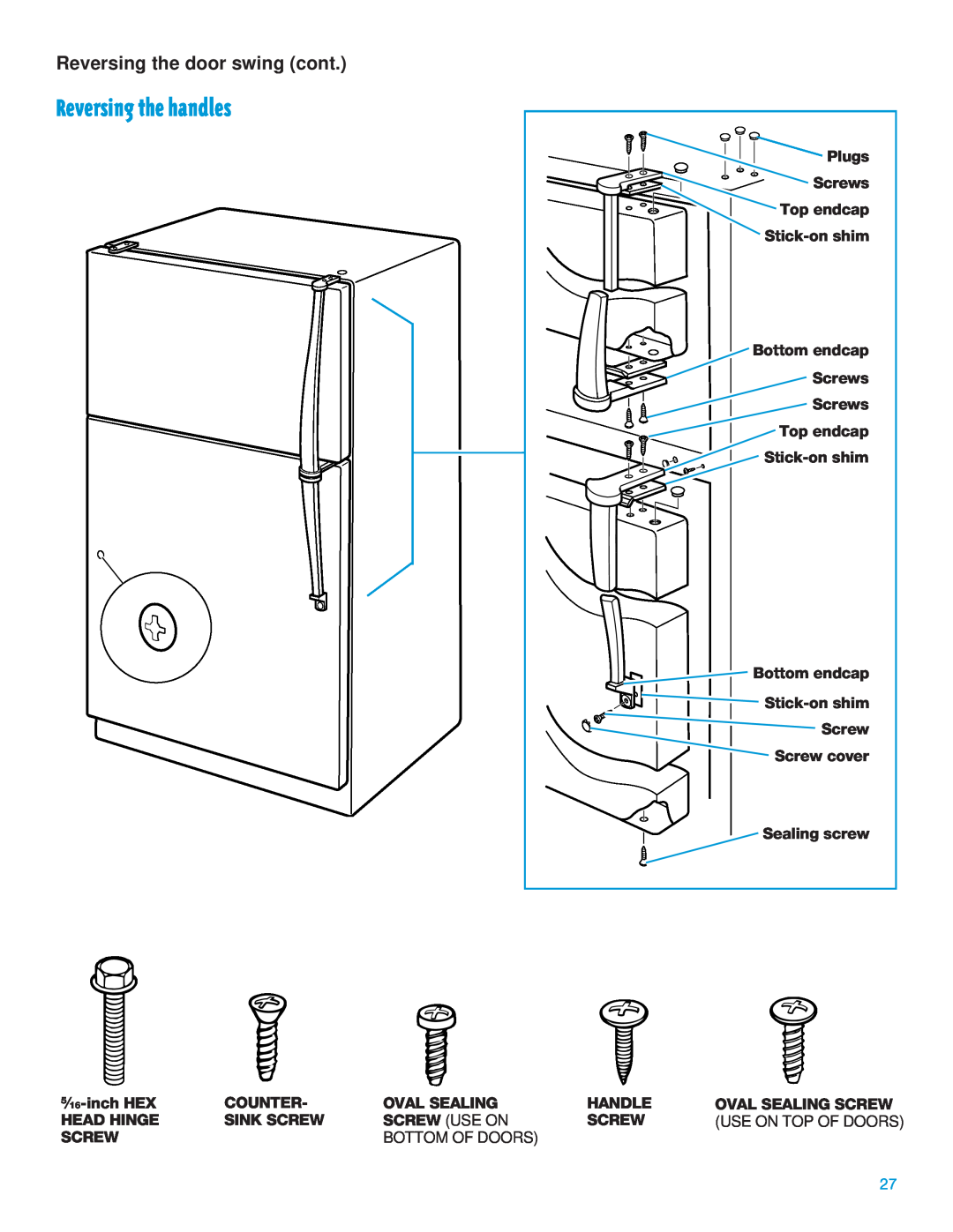 Whirlpool TT14DKXEW11 Reversing the handles, Reversing the door swing cont, Screw cover Sealing screw, 5⁄ 16-inch HEX 
