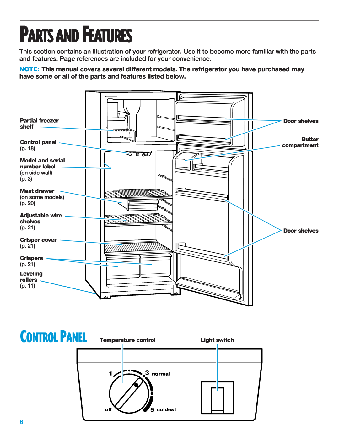 Whirlpool TT14DKXEW11 Parts And Features, Control Panel, Partial freezer shelf Control panel p, Crisper cover p Crispers 