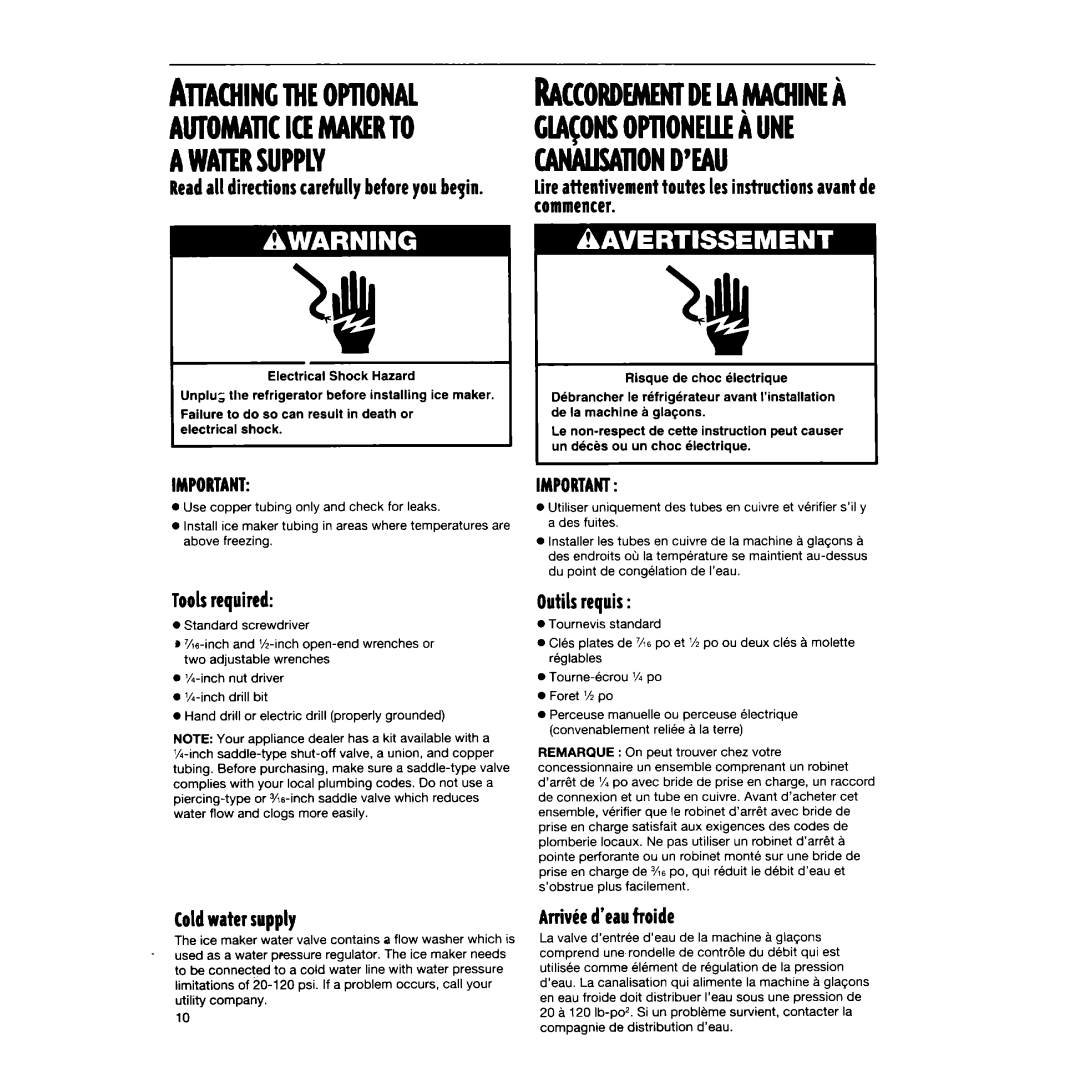 Whirlpool TT14DKXEW13 manual Readall directions carefully beforeyoubeyin, Toolsrequired, Outils requir, Cold water supply 