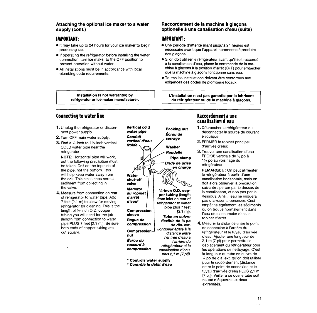 Whirlpool TT14DKXEW13 manual Connectingto water line, Attaching the optional ice maker to a water, $Iglaqons 