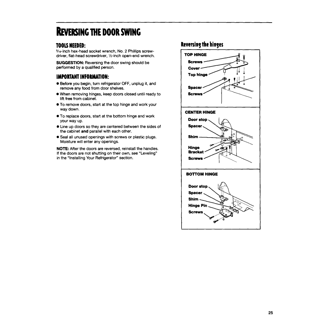 Whirlpool TT14DKXEW13 manual Reversingthedoorswing, Reversingthe hinges 