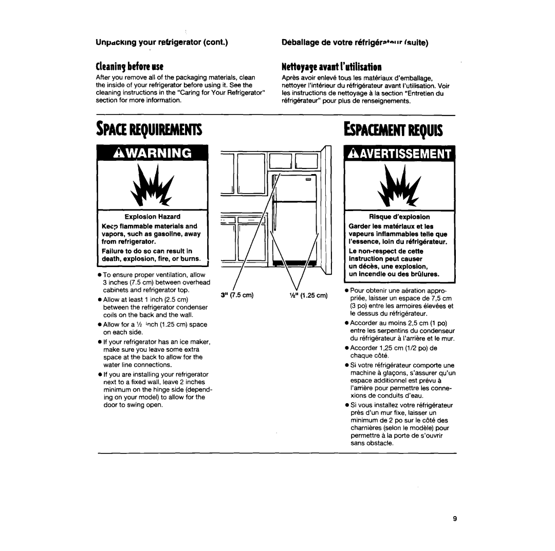 Whirlpool TT14DKXEW13 Spacerequirements, Cleaningbeforeuse, Nettoyapeavant I’utilitation, WtpdCKtng your refrigerator 