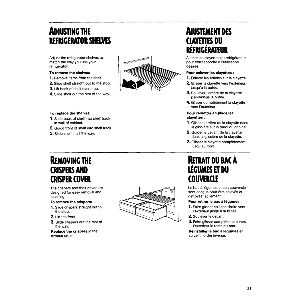 Whirlpool TT14DKXEW13 manual Adiustingme, Refrigeratorshelves, Removingthe Crispersand Crispercover, Couverqe 