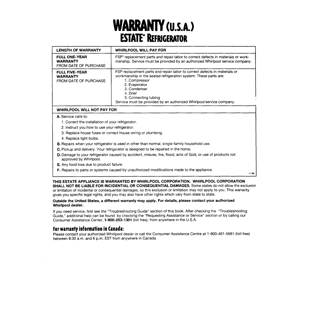 Whirlpool TT14DKXEW13 manual Estafrefrigerator, FOTwarranty information in Canada 