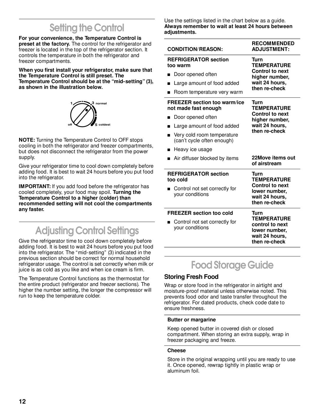 Whirlpool TT14DKXJW00 manual Setting the Control, Adjusting Control Settings, Food Storage Guide, Storing Fresh Food 