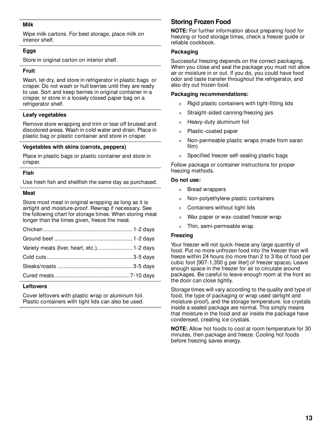 Whirlpool TT14DKXJW00 manual Storing Frozen Food 