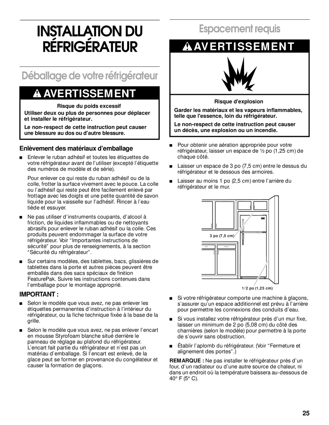 Whirlpool TT14DKXJW00 manual Installation DU Réfrigérateur, Espacement requis, Enlèvement des matériaux d’emballage 