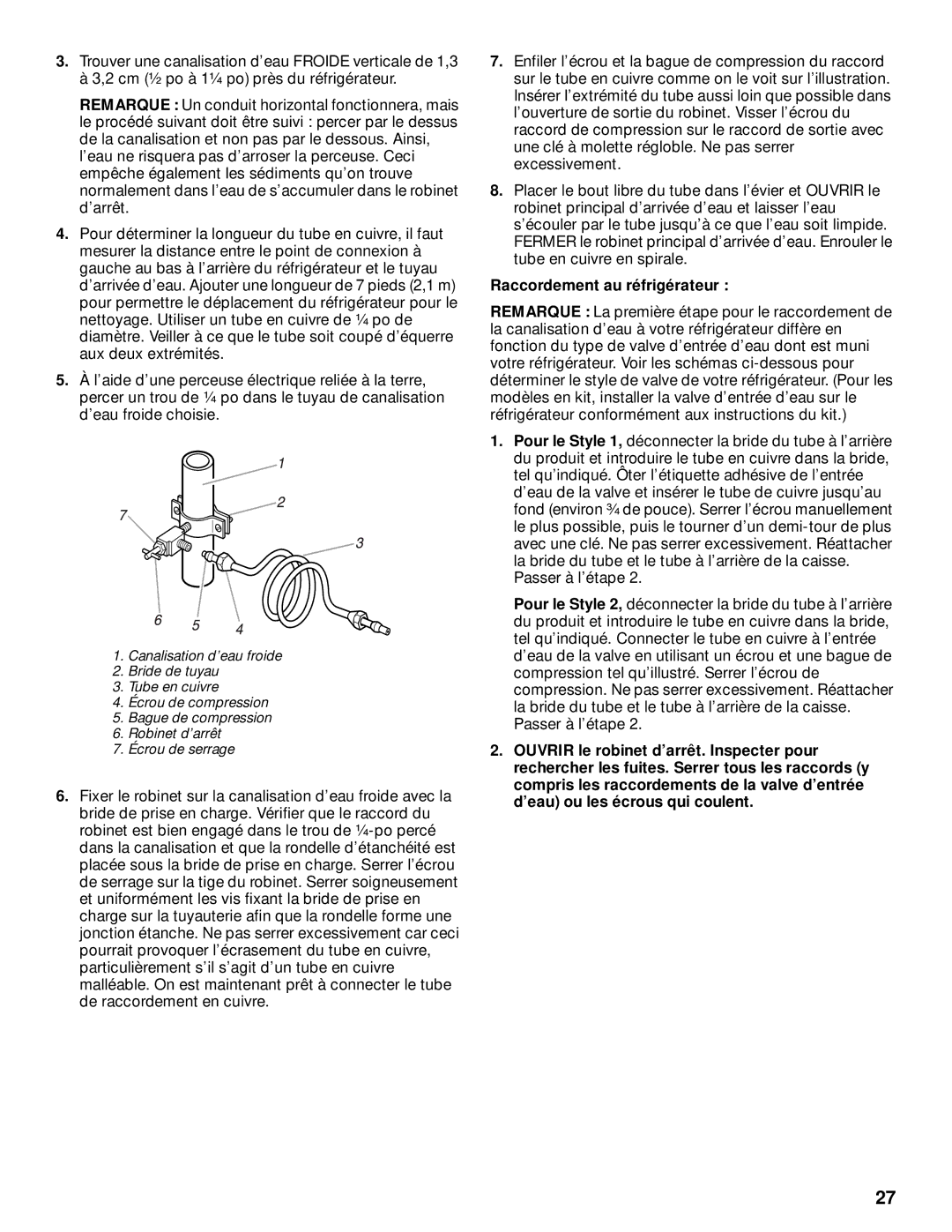 Whirlpool TT14DKXJW00 manual Raccordement au réfrigérateur 