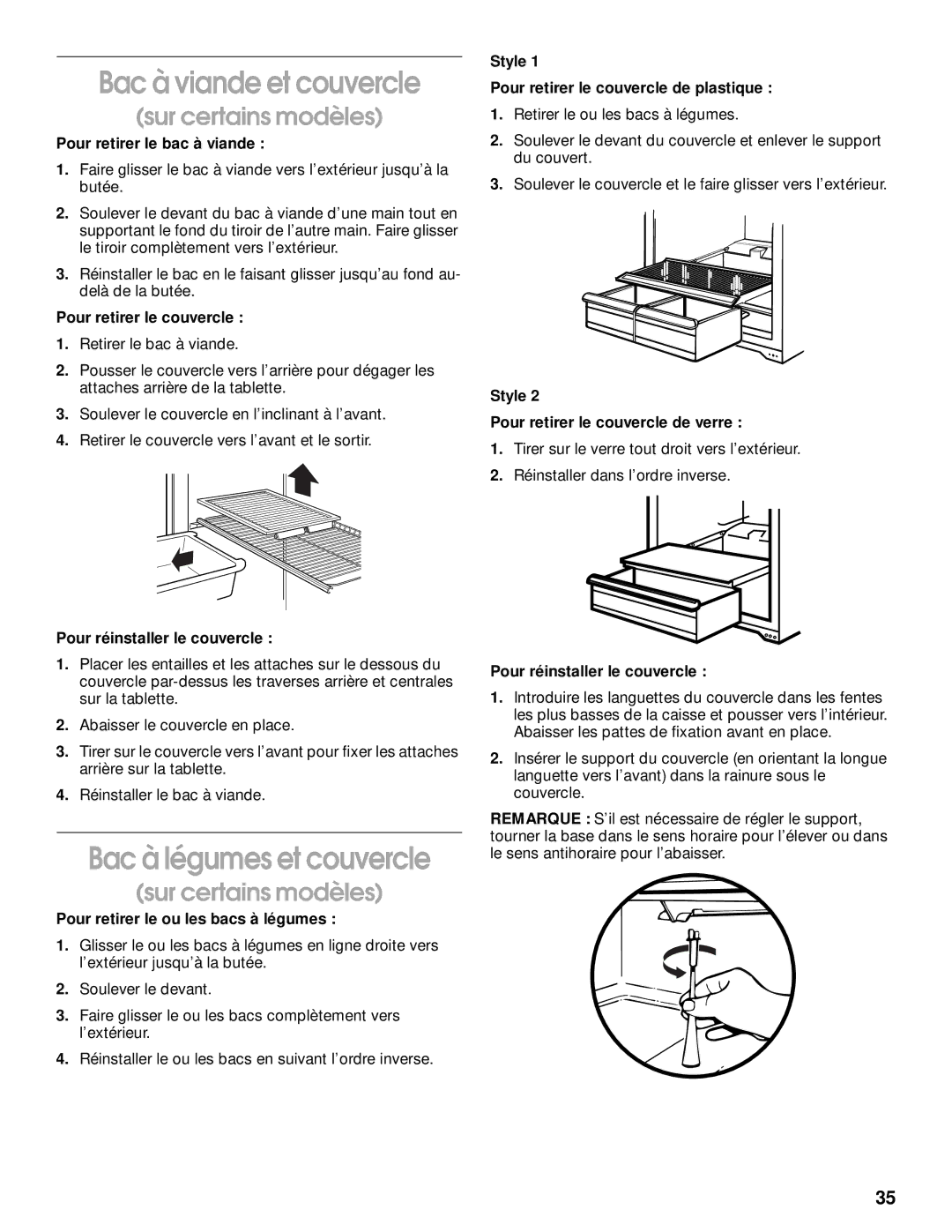 Whirlpool TT14DKXJW00 manual Bac à viande et couvercle, Bac à légumes et couvercle 