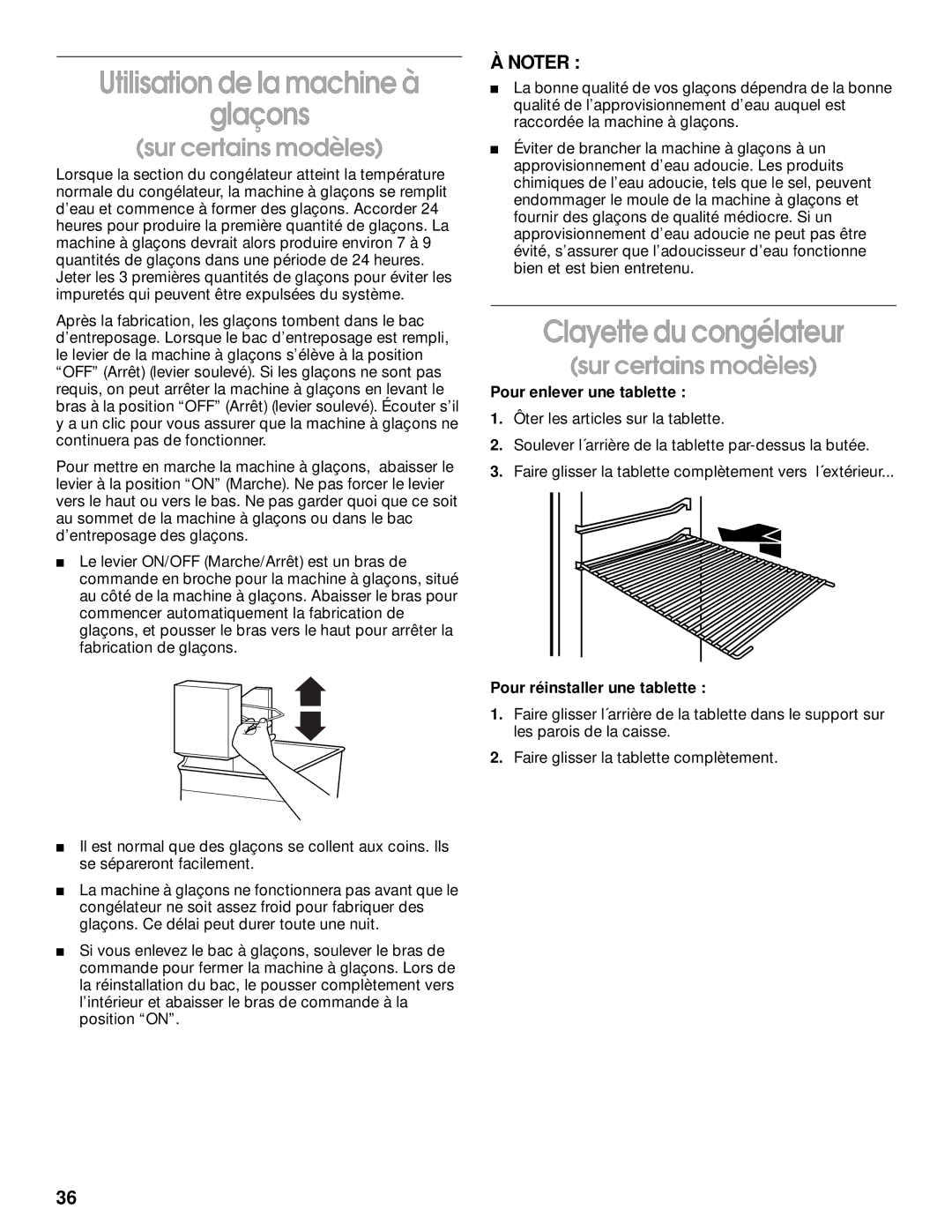 Whirlpool TT14DKXJW00 manual Utilisation de la machine à Glaçons, Clayette du congélateur 