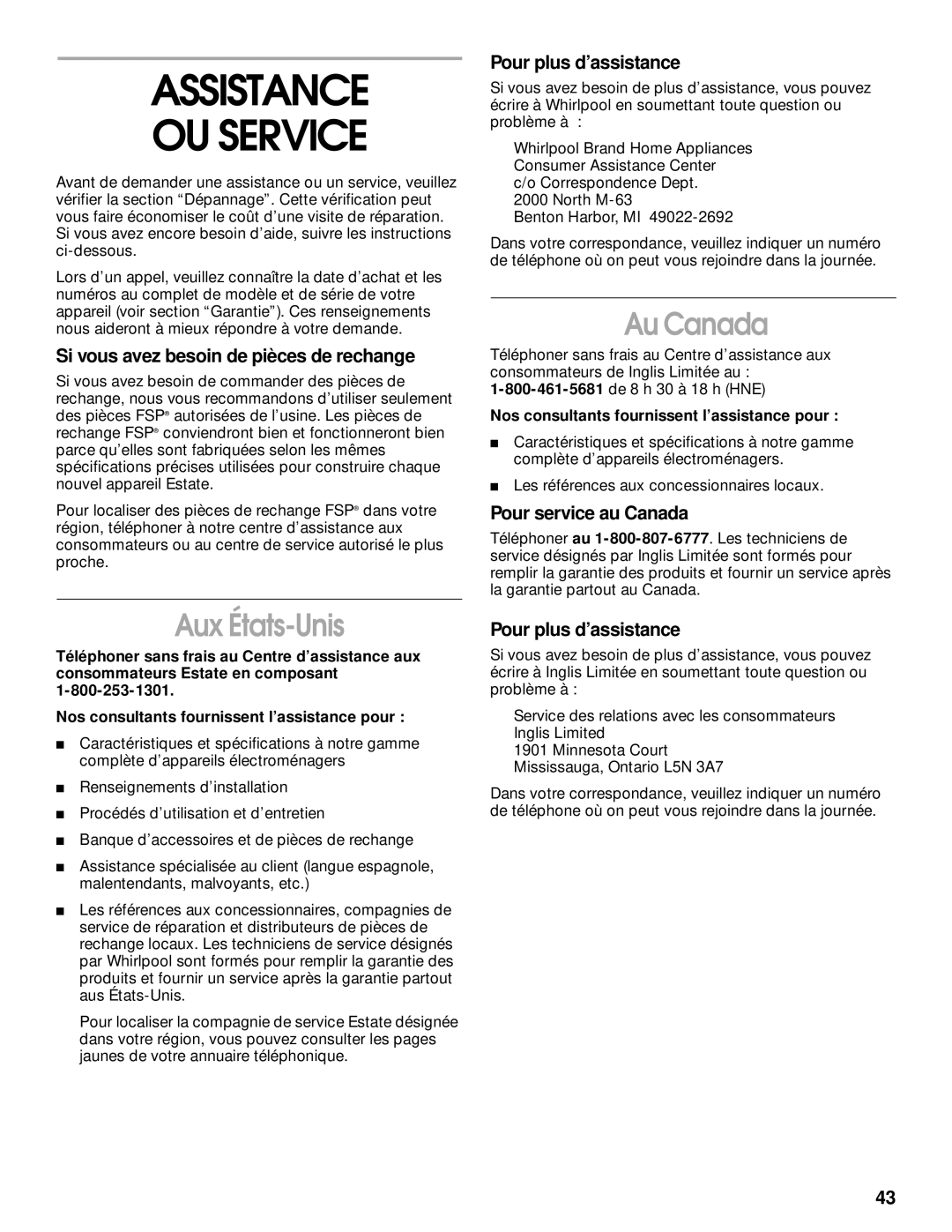 Whirlpool TT14DKXJW00 manual Assistance OU Service, Aux États-Unis, Au Canada 