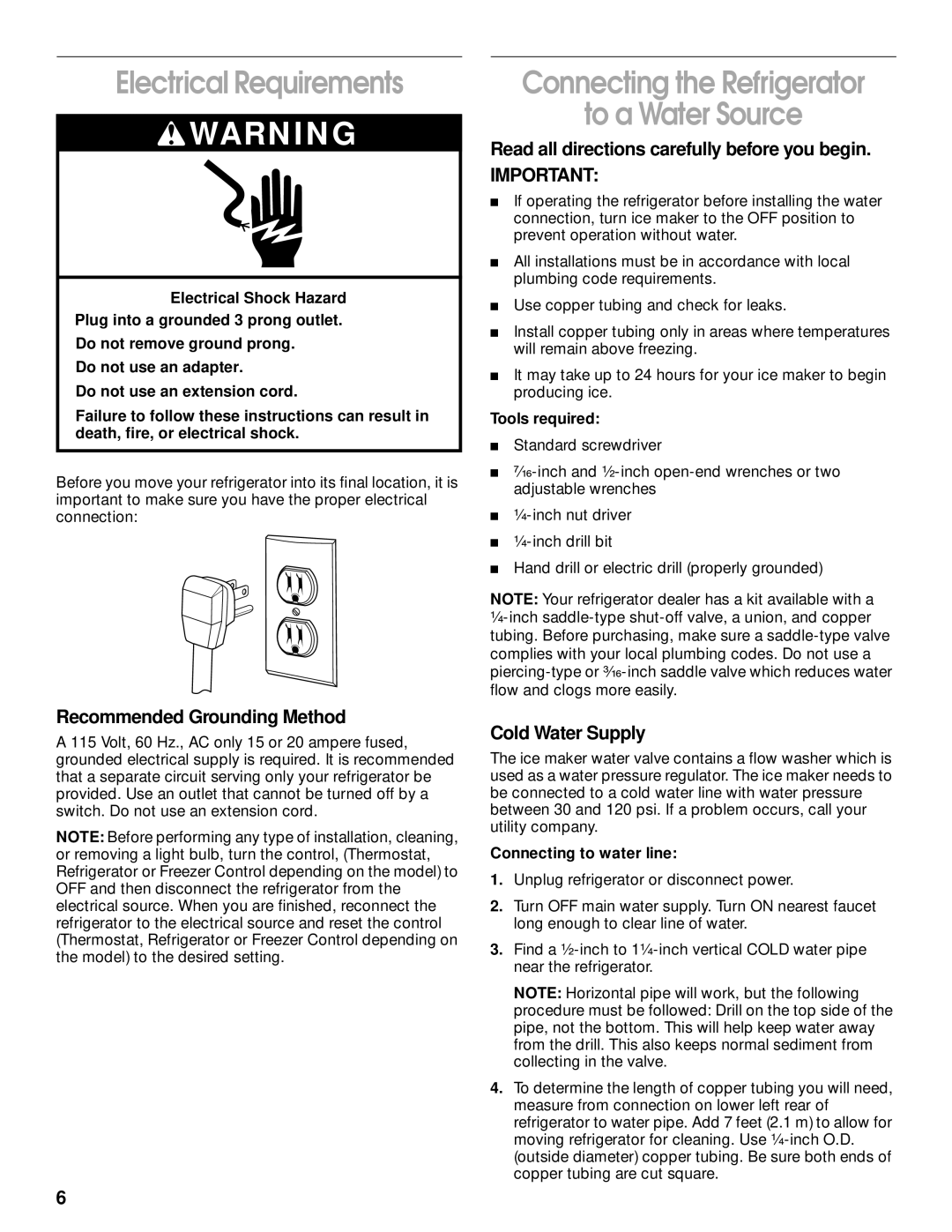 Whirlpool TT14DKXJW00 Electrical Requirements, Connecting the Refrigerator To a Water Source, Recommended Grounding Method 