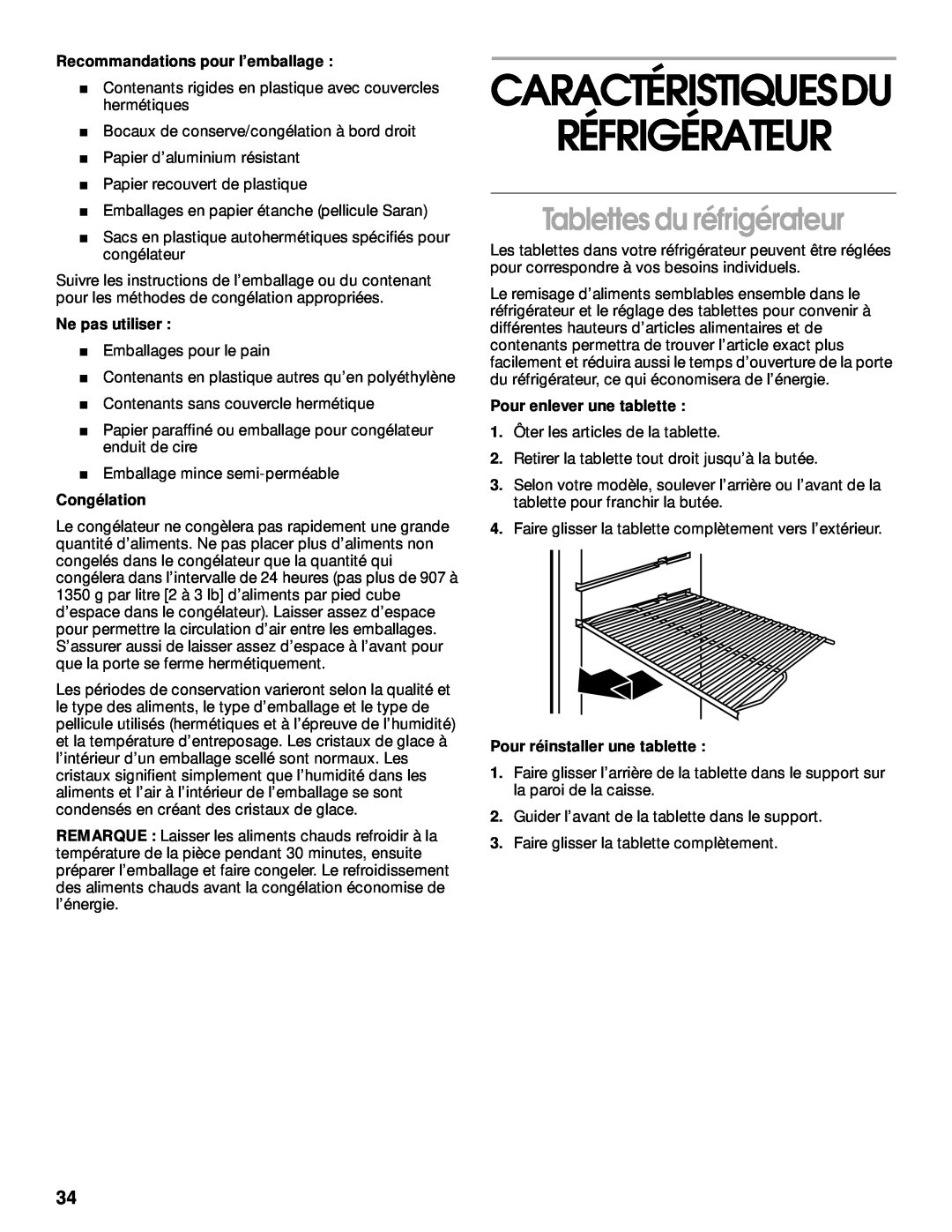 Whirlpool TT14DKXJW00 Réfrigérateur, Caractéristiquesdu, Tablettes du réfrigérateur, Recommandations pour l’emballage 