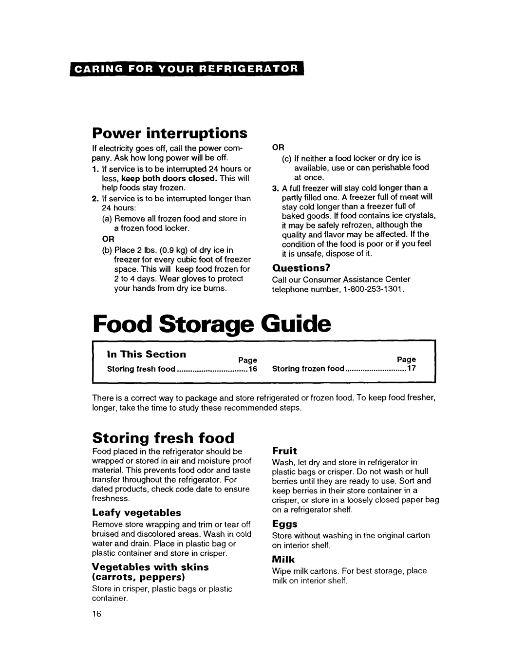 Whirlpool TT18HK warranty Food Storage Guide, Power interruptions, Storing fresh food 