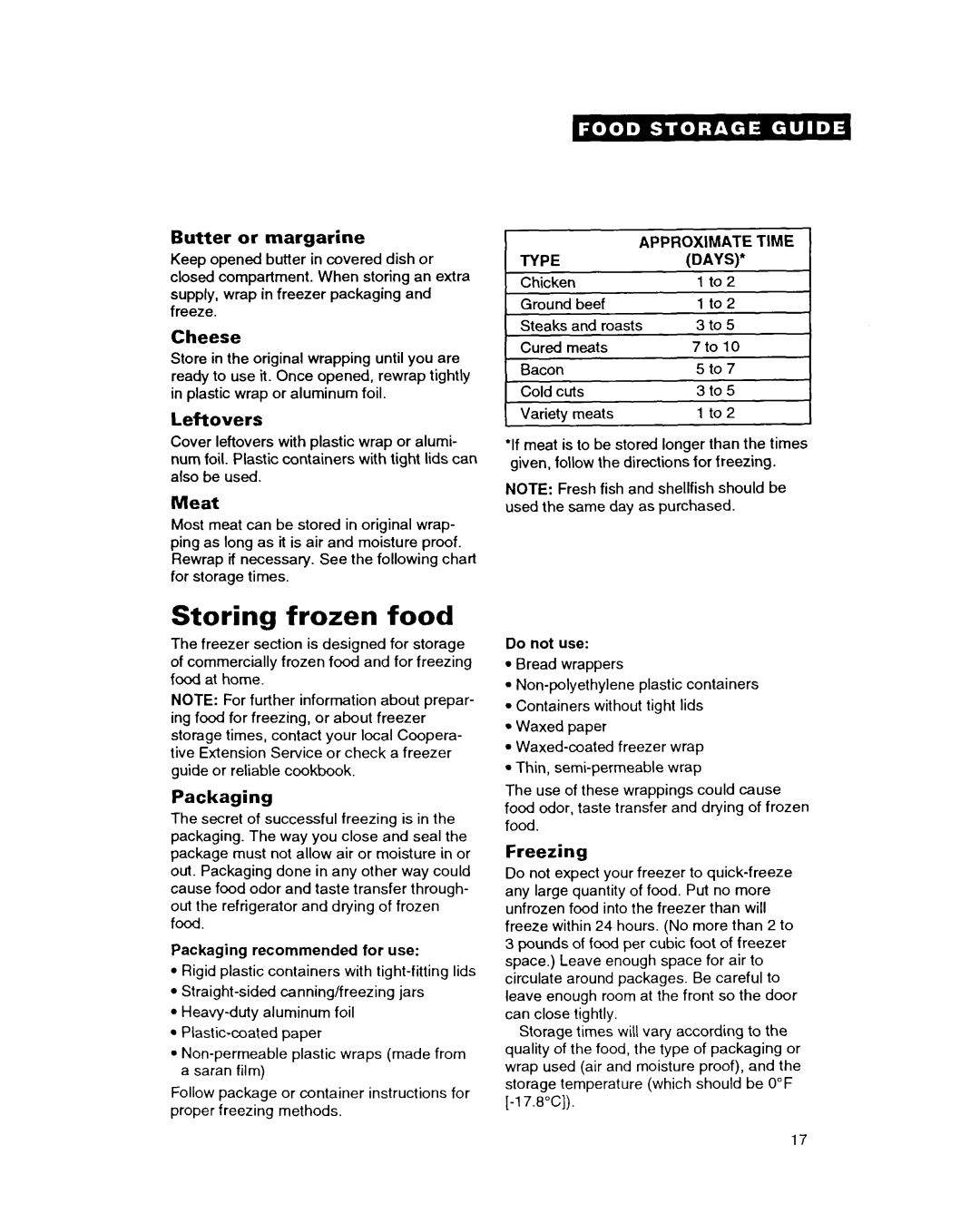 Whirlpool TT18HK warranty Storing frozen food 