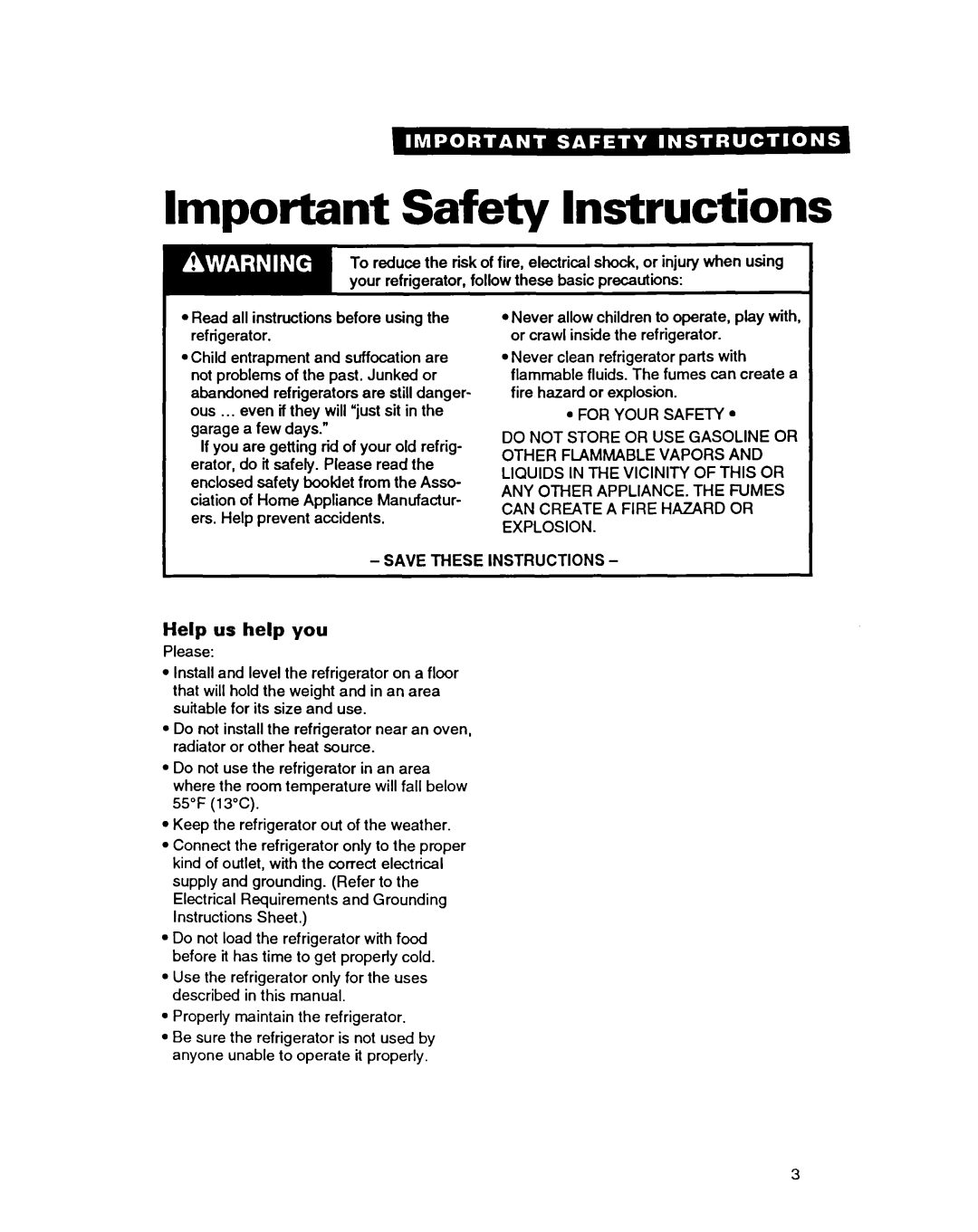 Whirlpool TT18HK warranty Important Safety Instructions, Help us help you 