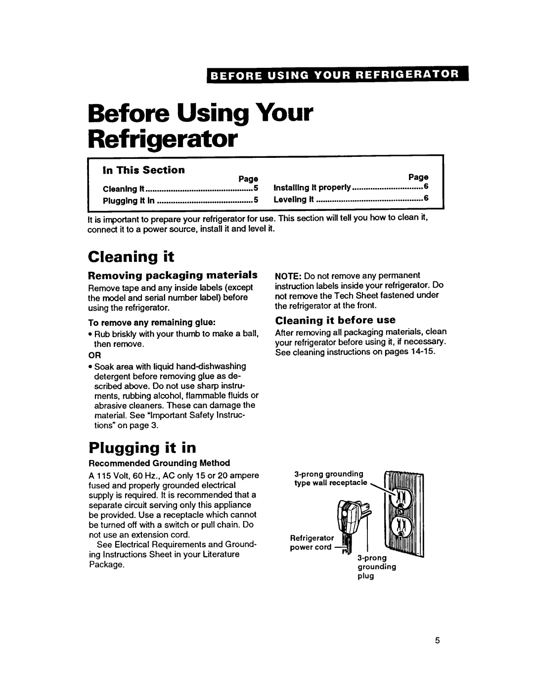 Whirlpool TT18HK warranty Before Using Your Refrigerator, Cleaning it, Plugging it 