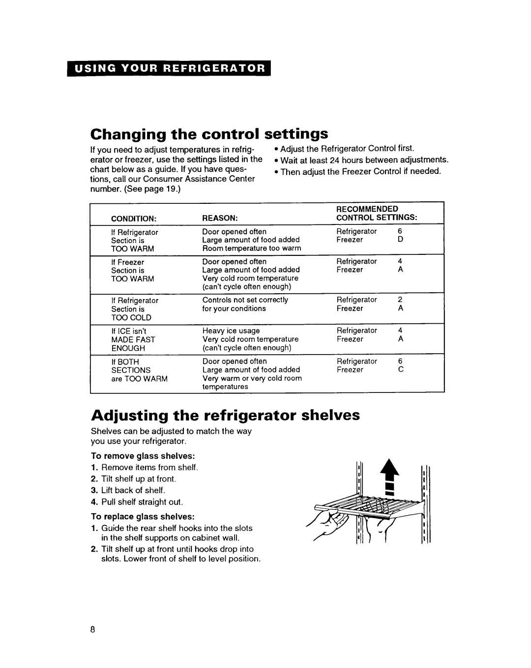 Whirlpool TT18HK warranty Changing the control, Settings, Adjusting the refrigerator shelves, Condition Reason 