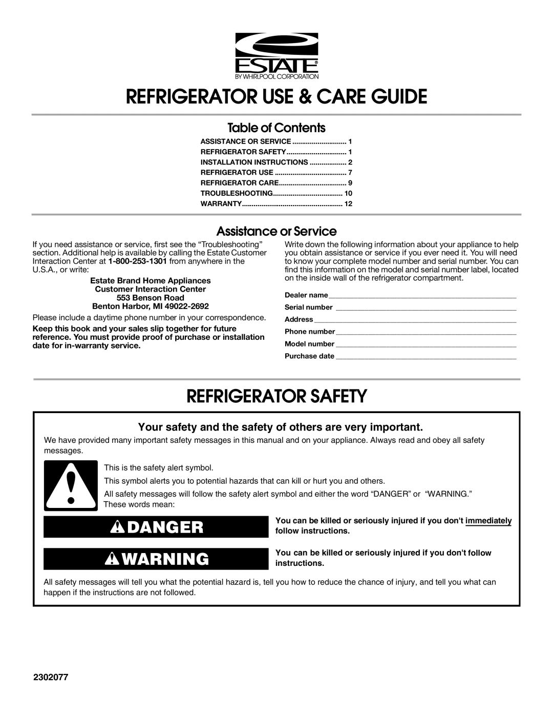 Whirlpool TT21AKXKQ02 warranty Refrigerator USE & Care Guide, Refrigerator Safety 