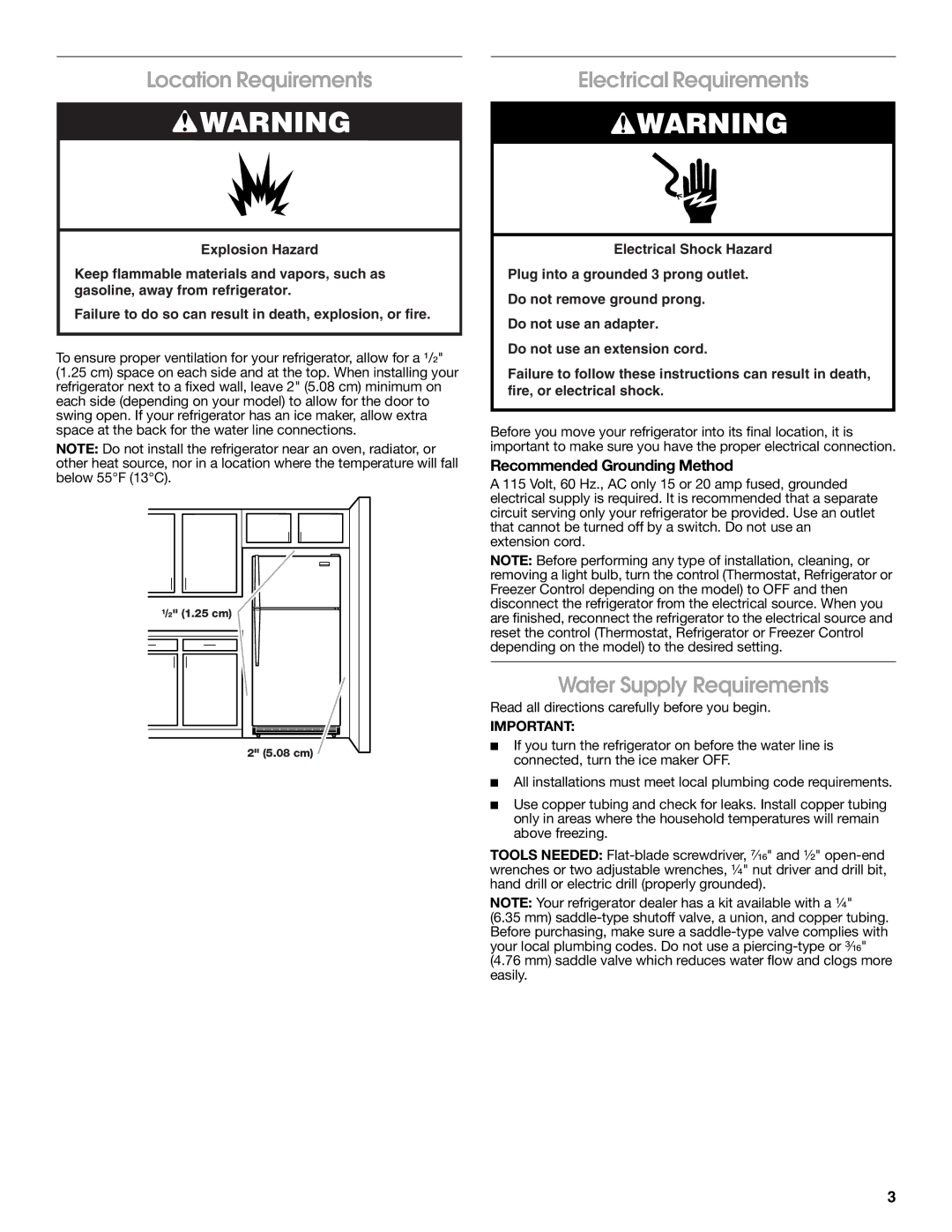 Whirlpool TT21AKXKQ02 warranty Location Requirements, Electrical Requirements, Water Supply Requirements 